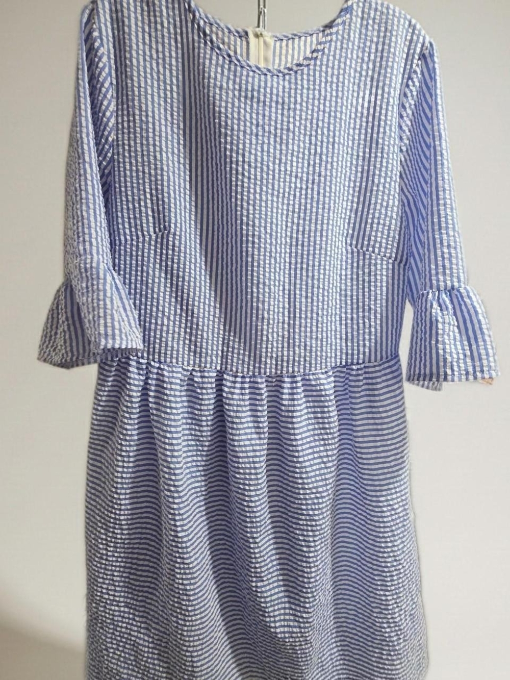 Blue & White Striped Cotton Seersucker Midi Dress